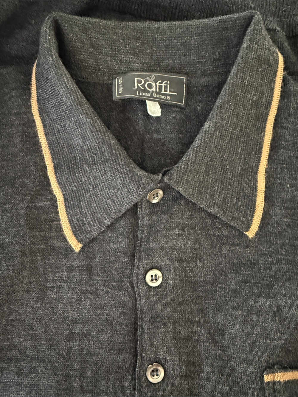 VTG Raffi Charcoal/ Dark Gray Polo Sweater with Tan Trim, Wool Blend, L